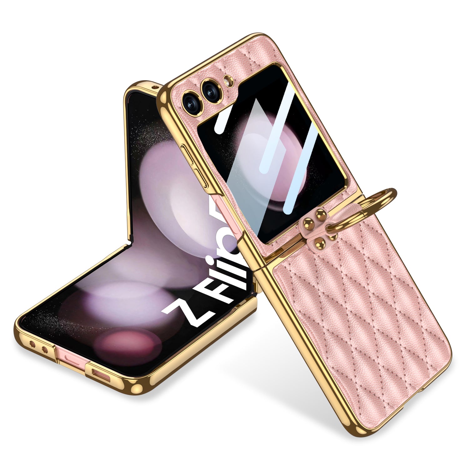 GKK For Samsung Galaxy Z Flip5 5G Rhombic Pattern Hard PC PU Phone Cover Metal Ring Kickstand Case with Small Screen Film GKK For Samsung Galaxy Z Flip5 5G Rhombic Pattern Hard PC PU Phone Cover Metal Ring Kickstand Case with Small Screen Film